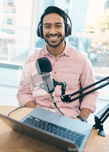Image of Radio, podcast and portrait of happy asian man in studio live streaming talk show, blog or news announcement with laptop. Recording, face or Japanese guy dj hosting broadcast, speech or entertainment