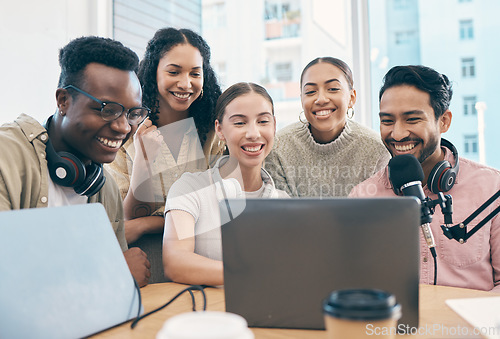 Image of Men, woman and happy with laptop, podcast and reading for chat, creativity or opinion on live stream. Group, microphone and headphones for web talk show, broadcast or smile for collaboration at desk