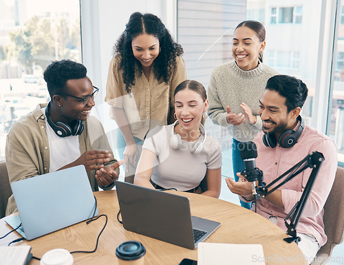 Image of Talk show, applause and team with celebration, laptop and happiness with prize, award and cooperation. People, presenter and group with achievement, clapping and live streaming with a pc and podcast