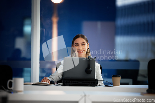 Image of Business woman, computer and call center portrait for night planning, e commerce and online reviews or research. Face of young agent or consultant working on laptop for telemarketing or sales report