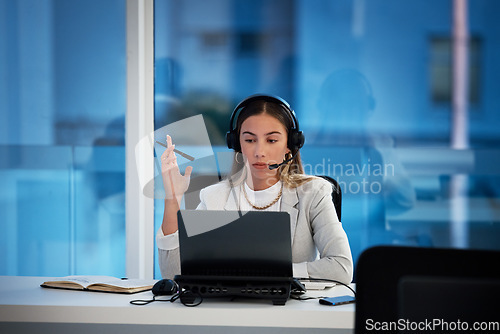 Image of Business woman, call center and laptop for planning, thinking of solution and technical support at night. Professional agent, consultant or IT advisor with information or problem solving on computer