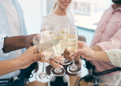Image of Hands, Champagne and toast with celebration and professional people in office with alcohol and success. Winning, team and employees cheers with alcoholic drink, closeup with partnership and pride
