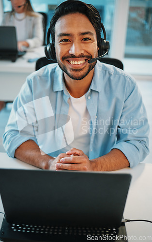 Image of Business man, portrait and call center, communication or happy consultant on laptop for customer service in office. Face, smile and virtual chat, help or support of Asian agent or advisor on computer