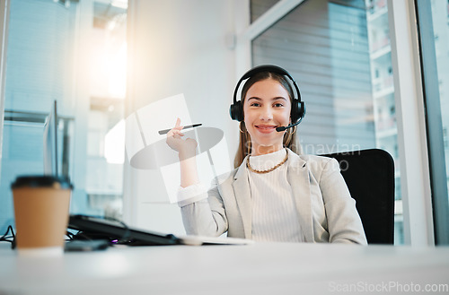 Image of Call center, customer support and portrait of woman at desk for consulting, network and online help in office. Telemarketing, communication and happy worker smile for CRM business, service and sales