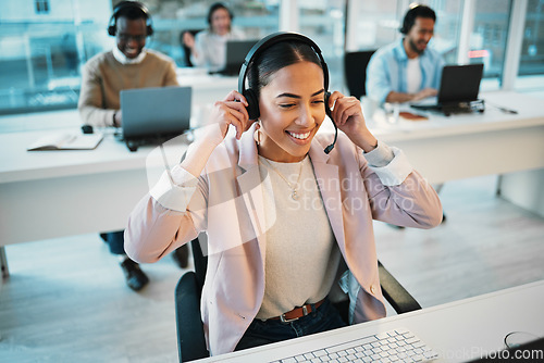 Image of Business woman, call center and headphones to start communication, ready for customer support and virtual chat. Professional agent, consultant or advisor speaking, helping and working in tech office