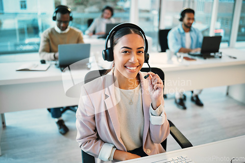 Image of Woman consultant, portrait and call center communication, business contact and e commerce or customer support. Happy, face and professional agent or advisor with headphones for advice or virtual help