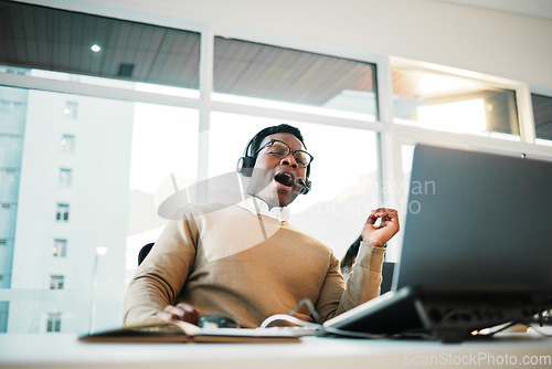 Image of Burnout, call center and tired business man yawn in office consulting for crm, contact us or customer service. Telemarketing, fatigue or exhausted male consultant sleepy, low energy or bored by faq