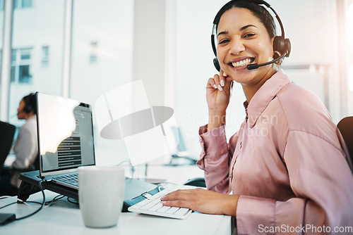 Image of Call center, smile and portrait of woman at laptop for telemarketing, customer service and IT support. Happy agent, CRM communication and computer for telecom advisory, FAQ contact and help questions