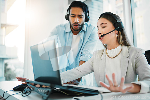 Image of Call center, training with manager and laptop, help with CRM process for customer service and telecom. Working together, team and coaching with people in office, telemarketing and advice with support