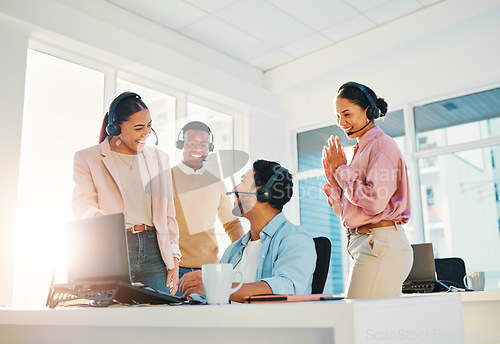 Image of Call center, teamwork or happy for target with support, collaboration and customer service in office. Telemarketing, men and women or employee with excited face for communication and learning at work