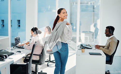 Image of Walking, smile and portrait of woman in the office with positive, confident and good attitude. Happy, success and professional female manager checking on call center consultants in modern workplace.