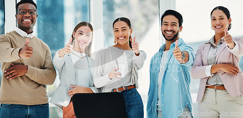 Image of Smile, thumbs up and portrait of business people in office in collaboration for team building. Happy, diversity and group of professional creative designers with approval hand gesture in workplace.