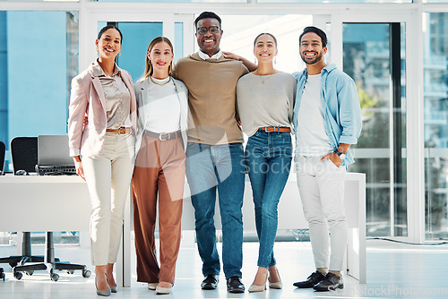 Image of Smile, happy and portrait of business people in office in collaboration for team building. Unity, diversity and group of professional creative designers with confidence in modern workplace together.