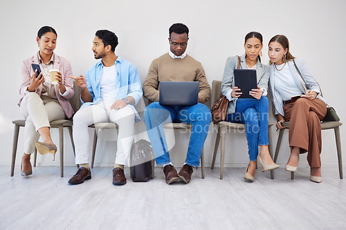 Image of Recruitment, job interview and waiting room with business people networking or prepare for hr meeting. We are hiring, human resources and candidate group online in office for research, survey or info