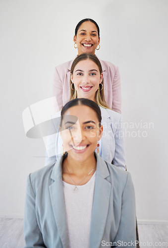 Image of Portrait, leadership and team of business people in row at corporate office. Happy face, group of employees in line and women, consultants or workers together in collaboration, cooperation or success