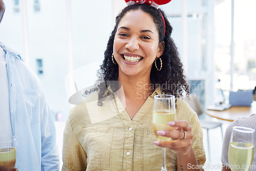 Image of Woman, champagne and portrait with smile at Christmas, office party and celebration drink with cheers in group. Excited girl, xmas and glass for alcohol, sparkling wine and happy at event for holiday