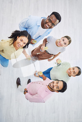 Image of Top view, men and women smile on portrait in office, drink and celebration for success in company. Happy diversity coworkers, unity and confidence in solidarity, positive and together in workplace