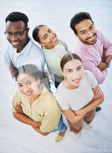 Image of Top view, people and smile on portrait in office, collaboration and pride for teamwork in company. Happy diversity coworkers, unity and confidence in solidarity, positive and together in workplace