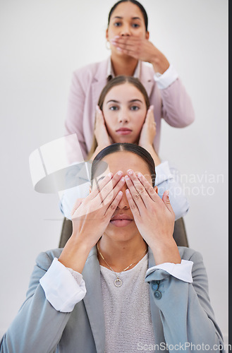 Image of Business women, portrait and hand gesture for dont, speak, see or hear on wall background. Corporate, compliance and face of work friends with emoji for opinion, silence or listen, vision or voice