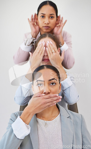 Image of Portrait, business women and hand gesture for dont, speak, see or hear on wall background. Corporate, compliance and face of wok friends with emoji for opinion, silence or listen, vision or voice