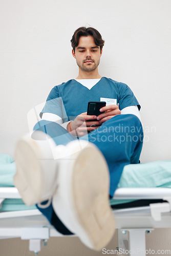 Image of Phone, nurse and man on bed to relax in hospital, typing email on break and telehealth. Smartphone, serious medical professional on internet and social media for communication on health app in clinic