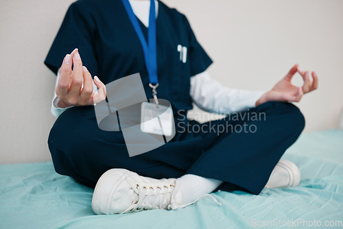 Image of Doctor, yoga and meditate to relax in hospital, healing and break from work, closeup in calm for mental health. Medical professional, peace and hands for aura, zen and chakra for balance in career