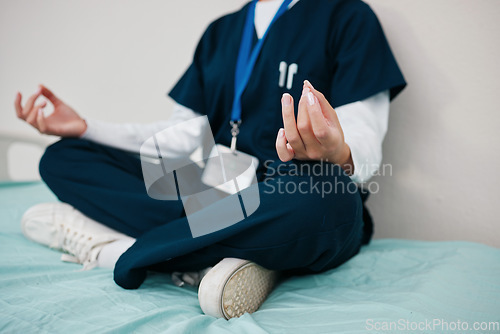 Image of Doctor, healing and meditate to relax in hospital, yoga and break from work, closeup in calm for mental health. Medical professional, peace and wellness for aura, zen and chakra for balance in career
