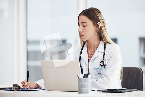 Image of Laptop, woman or writing research, medical update or telehealth web service in hospital clinic. Clipboard, checklist or surgeon in professional healthcare with paperwork or digital tech for email