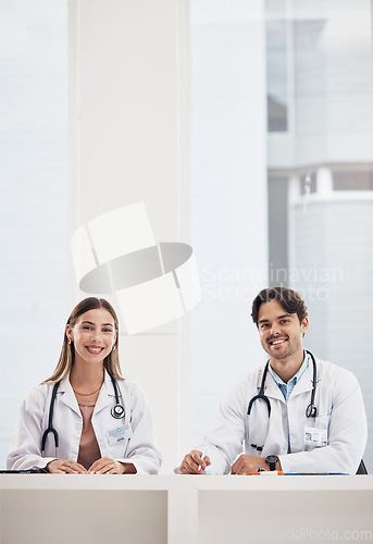 Image of Portrait, space and healthcare with a team of doctors in a hospital for collaboration in medicine you can trust. Smile, medical or teamwork with a woman and woman medicine professional in the clinic