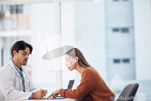 Image of Writing, doctor or patient in hospital speaking of survey information or healthcare history for help. Paper, report or medical expert with prescription, checklist or notes on clipboard for a woman