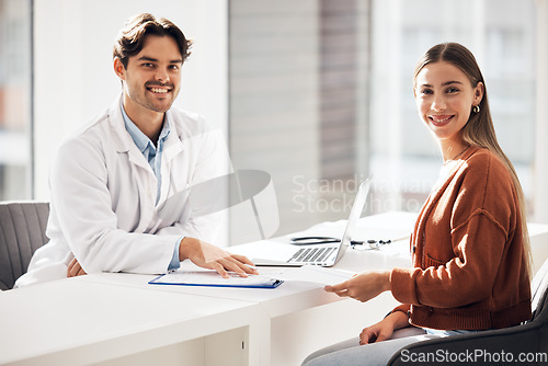 Image of Happy man, doctor and portrait of patient with documents in consultation, healthcare or appointment at hospital. Medical professional or surgeon smile with customer and paperwork for life insurance