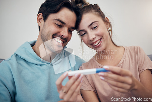 Image of Pregnancy, test and smile of couple in home, reading good news or check positive results. Pregnant, stick and happy man and woman in living room excited for success, future maternity or ivf fertility