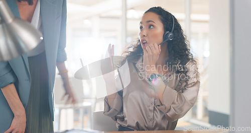Image of Problem, error or mistake with a woman in a call center for customer service, support or telemarketing. Contact us, crm and question with a serious young employee busy working in a sales office