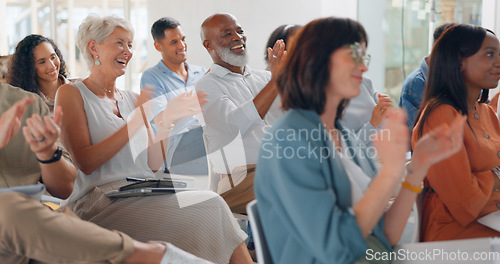 Image of Audience, happy and clapping in seminar for presentation, convention and workshop for employees. Crowd, motivation and applause for conference, team building and diversity in company in training