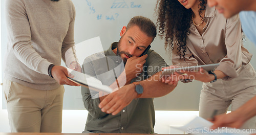 Image of Phone call, multitasking and man with workflow crisis, business and conversation with planning, deadline and admin. People, manager and employees with chaos, schedule and staff in a workplace