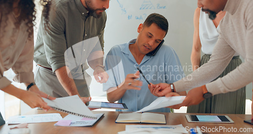 Image of Phone call, multitasking and man with workflow crisis, business and conversation with planning, deadline and schedule. Chaos, manager and employees with admin, overworked or documents in a workplace