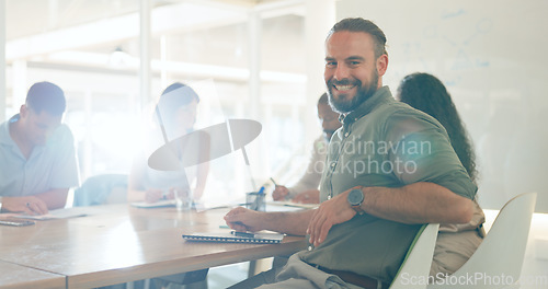 Image of Meeting, discussion and portrait of businessman in office for working on a creative project in collaboration. Teamwork, diversity and face of male designer with colleagues for planning in workplace.