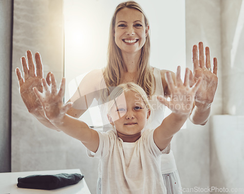 Image of Clean family, smile and washing hands in bathroom, hygiene and sanitary with soap foam. Happy woman and child, portrait and palm for health and protection from germs, bacteria and virus in dirt