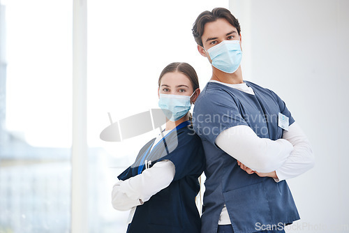 Image of Portrait, arms crossed and hospital team, doctors or nurses with confidence, career pride and expert medical service. Safety face mask, clinic workforce and professional surgeon with job experience
