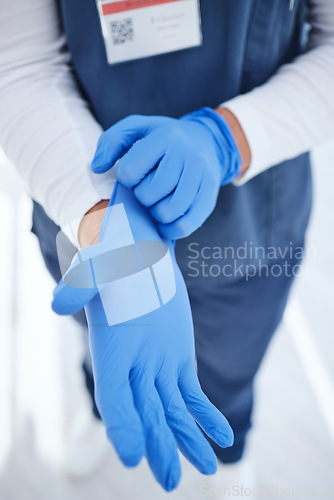 Image of Gloves, hospital and hands of doctor for medicine, surgery and working in clinic for wellness. Healthcare, help and person with ppe for safety, protection and hygiene in medical service or procedure