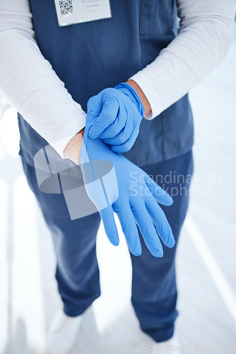 Image of Gloves, hospital and hands of doctor for surgery, medicine and working in clinic for wellness. Healthcare, help and person with ppe for safety, protection and hygiene in medical service or procedure