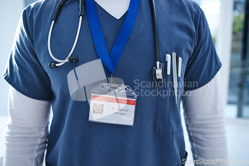 Image of Close up, doctor and medical hospital with stethoscope, morning sunrise and name tag. Healthcare, service professional and work for wellness, scrubs and worker for employee, surgeon and medicare