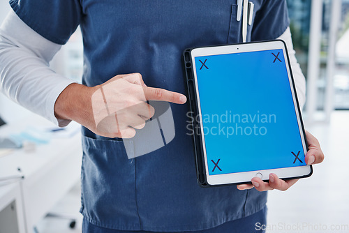 Image of Tablet, green screen and person pointing at doctor healthcare presentation, clinic telehealth info or online services. UI mockup space, tracking markers or closeup surgeon hands show medical research