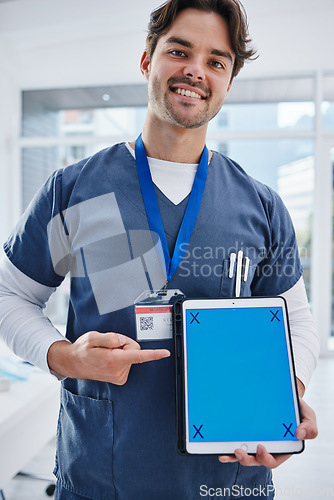 Image of Tablet screen, portrait and happy man point at surgeon healthcare announcement, clinic notification or advertising service. UI mockup space, online tracking markers and male nurse with medical data