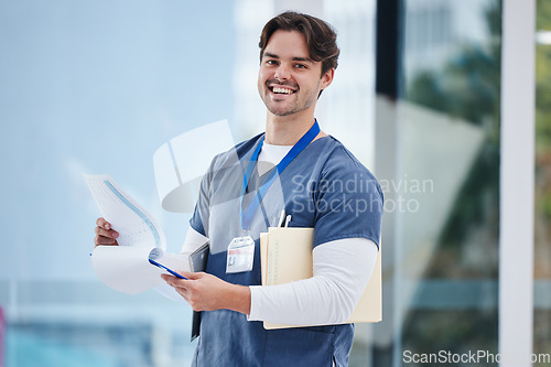 Image of Hospital portrait, doctor and happy man with clipboard nursing results, healthcare data or clinic information. Smile, medical checklist or medicine expert, surgeon or nurse with health research notes