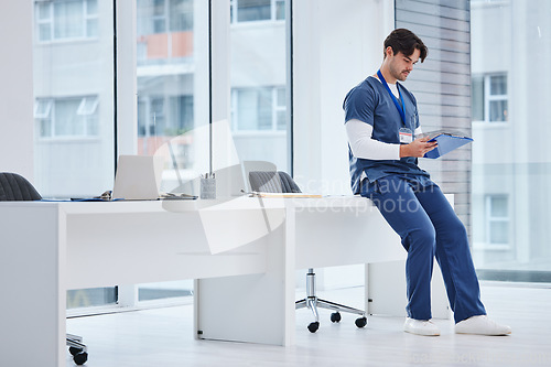 Image of Medical clipboard, doctor and man reading results, healthcare records file or clinic compliance policy. Folder, hospital investigation and surgeon analysis of research portfolio, notes or health info