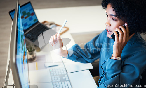 Image of Computer, phone call communication and business woman consulting, talking and reading spreadsheet report data. Smartphone chat, conversation and professional person feedback on online sales numbers