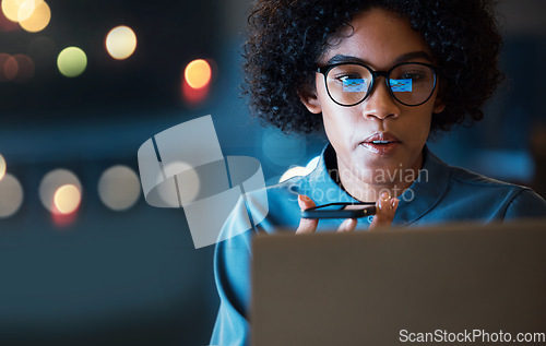 Image of Business woman, phone and speaker at night on laptop for communication, recording or discussion at office. Female person or employee working late with mobile smartphone for voice note or conversation