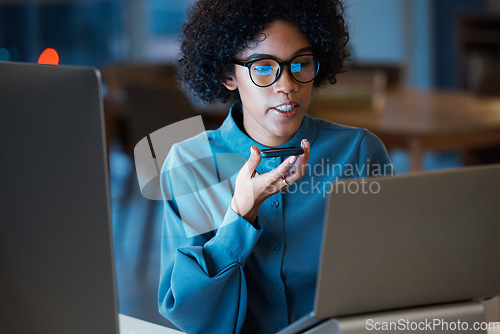 Image of Speaker phone call, laptop and business woman consulting, talking on voice note or report online web data. Audio recording, speech to text and professional consultant discussion on cellphone feedback