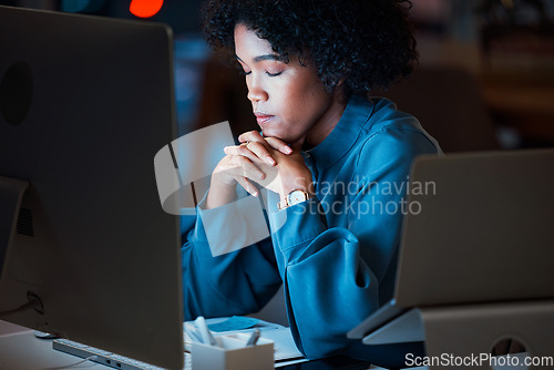 Image of Business woman, tired and stress in night by computer for deadline, proposal or finance report in modern office. Accountant, fatigue and burnout with pc, crisis or problem solving in dark workplace